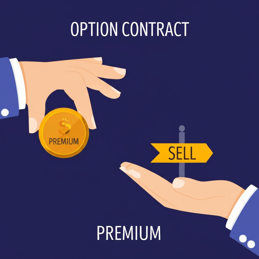 Illustration of an option contract a hand holding a premium coin another hand with a buy or sell right