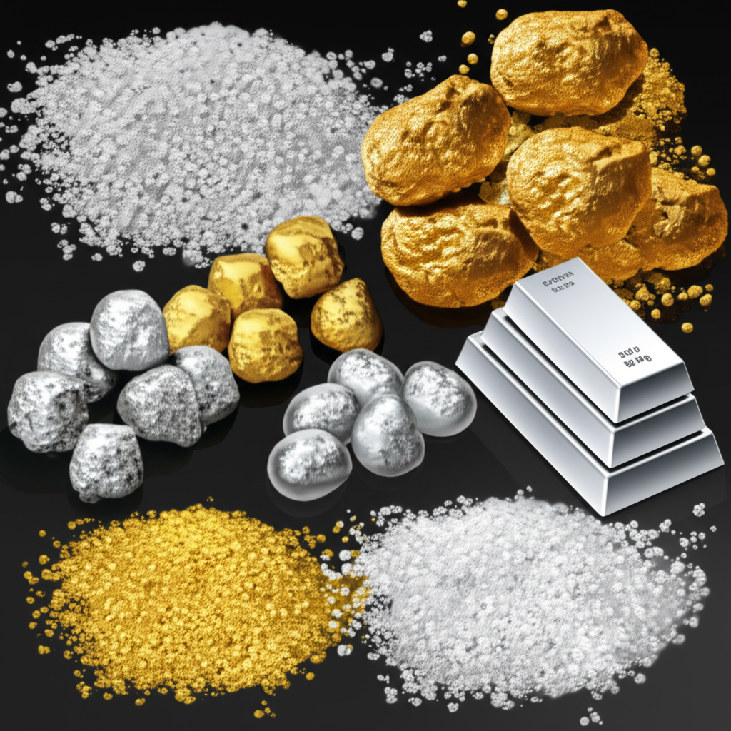 ภาพรวมโลหะมีค่าทองคำ เงิน และกลุ่มแพลทินัมที่ส่องประกาย สื่อถึงความมั่งคั่งและเทคโนโลยี