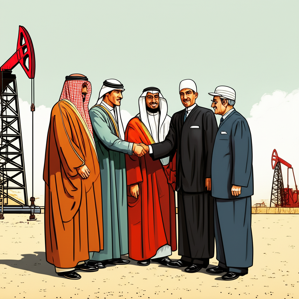 ภาพประกอบผู้นำห้าประเทศก่อตั้ง OPEC จับมือกันเหนือบ่อน้ำมันในปี 1960