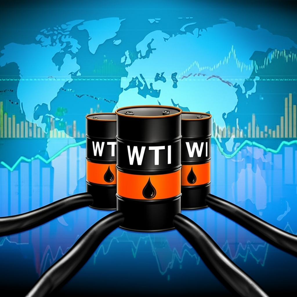 ภาพประกอบถังน้ำมัน WTI เชื่อมโยงกับแผนที่เศรษฐกิจโลกและกราฟการเงิน