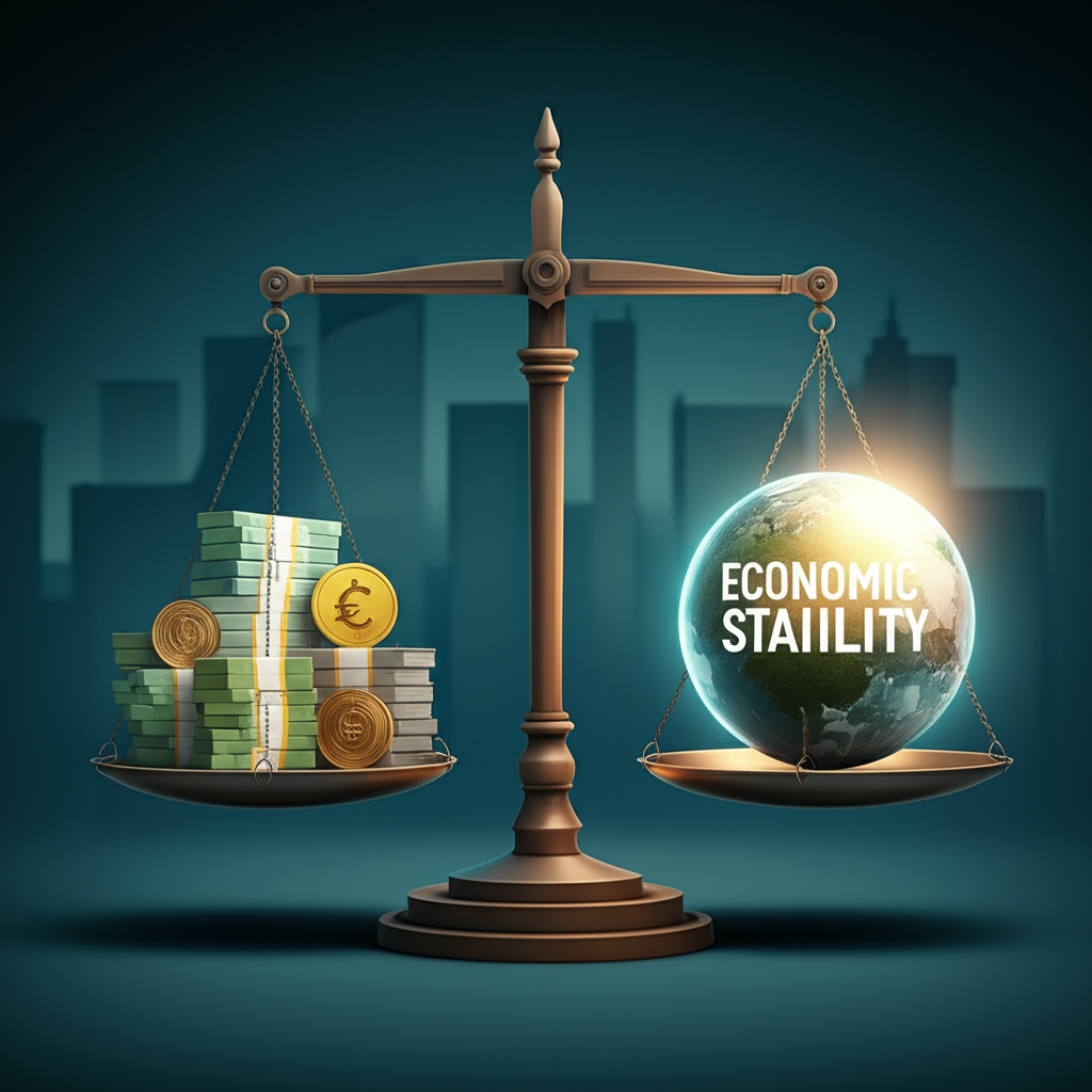 Illustration showing a giant currency scale balancing reserve currency trading volume and economic stability