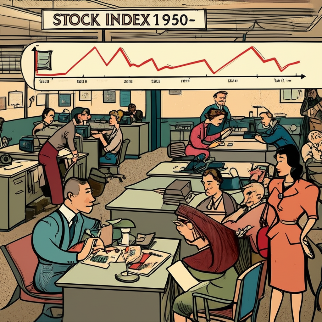 illustration of a vintage 1950s business scene with a timeline showing the evolution of stock indices
