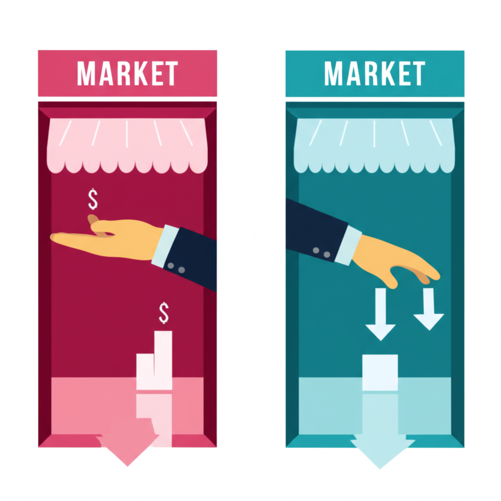 Illustration showing two different markets with a price gap for the same asset, a hand buying low and selling high