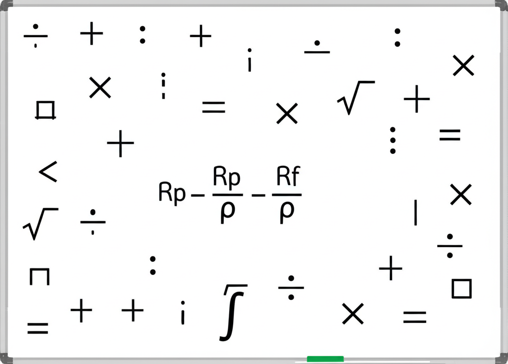 ภาพประกอบกระดานไวท์บอร์ดแสดงสูตร Sharpe Ratio (Rp - Rf) / σp พร้อมสัญลักษณ์ทางคณิตศาสตร์