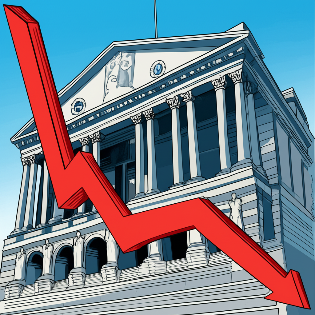 ภาพประกอบวงจรฟองสบู่เศรษฐกิจ แสดงกราฟวงจรการเติบโต ความตื่นเต้น และการถดถอย กับตึกธนาคารกลางในพื้นหลัง