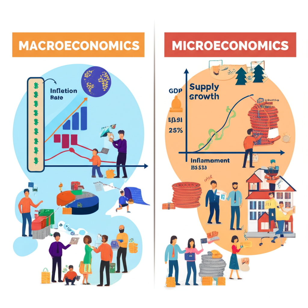 Illustration showing macroeconomics and microeconomics concepts with charts and people
