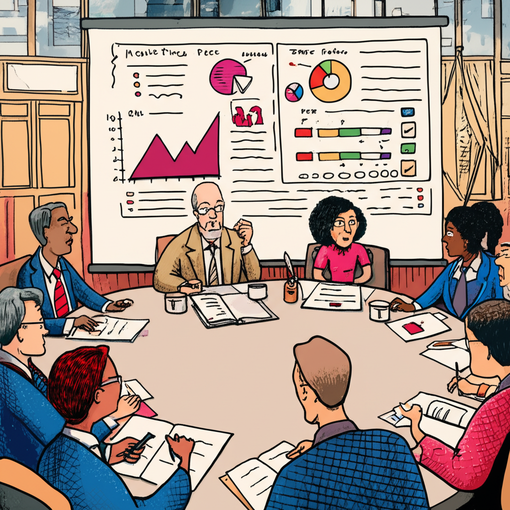 Diverse experts in meeting room discussing economic data Monetary Policy Committee illustration style