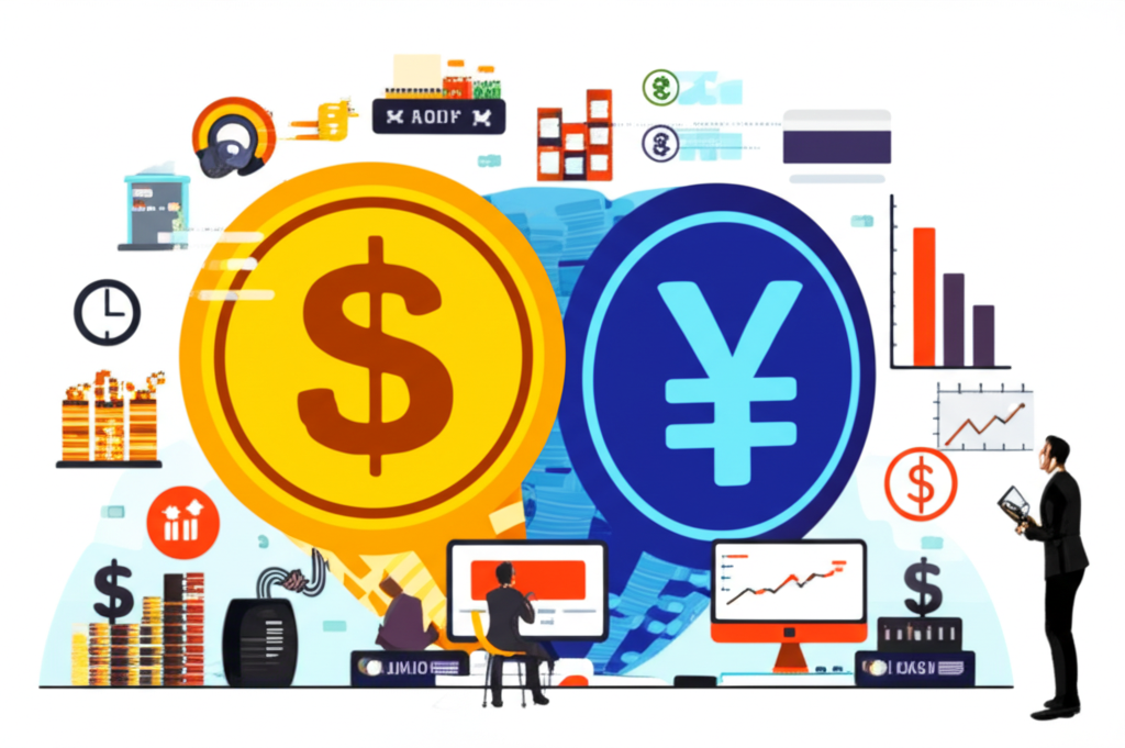 ภาพประกอบสกุลเงิน USD และ JPY ที่เชื่อมโยงกับสัญลักษณ์เศรษฐกิจโลก นักเทรดชาวไทยกำลังดูหน้าจอกราฟฟอเร็กซ์