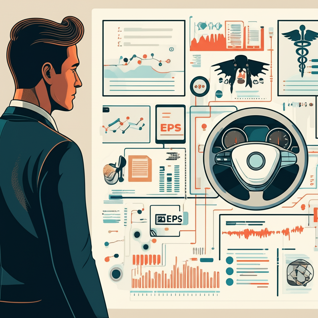 ภาพประกอบบุคคลกำลังดูอินโฟกราฟิกซับซ้อนที่แสดงความหมายหลายอย่างของ EPS เช่น กราฟหุ้น ไอคอนไฟล์ สัญลักษณ์ทางการแพทย์ และพวงมาลัยรถยนต์