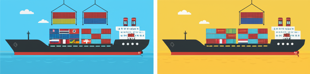 ภาพประกอบสองส่วนที่แสดงการส่งออกและนำเข้าสินค้าระหว่างประเทศ