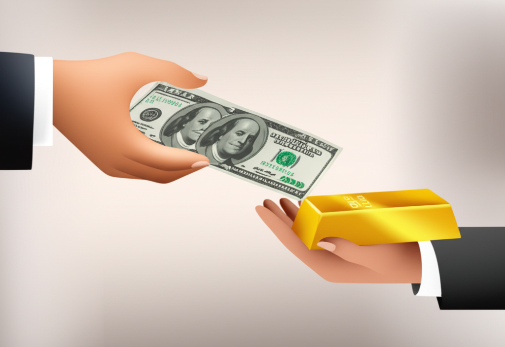 An illustration of two hands exchanging money for a gold bar representing immediate settlement and delivery