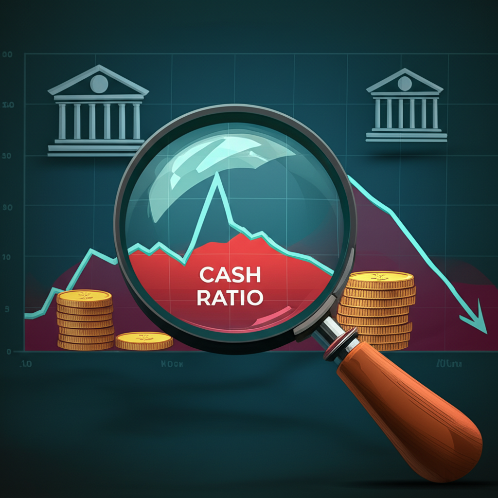 ภาพประกอบแว่นขยายส่องกราฟ Cash Ratio แสดงองค์ประกอบความเสี่ยง วิกฤต และสินเชื่อธนาคาร