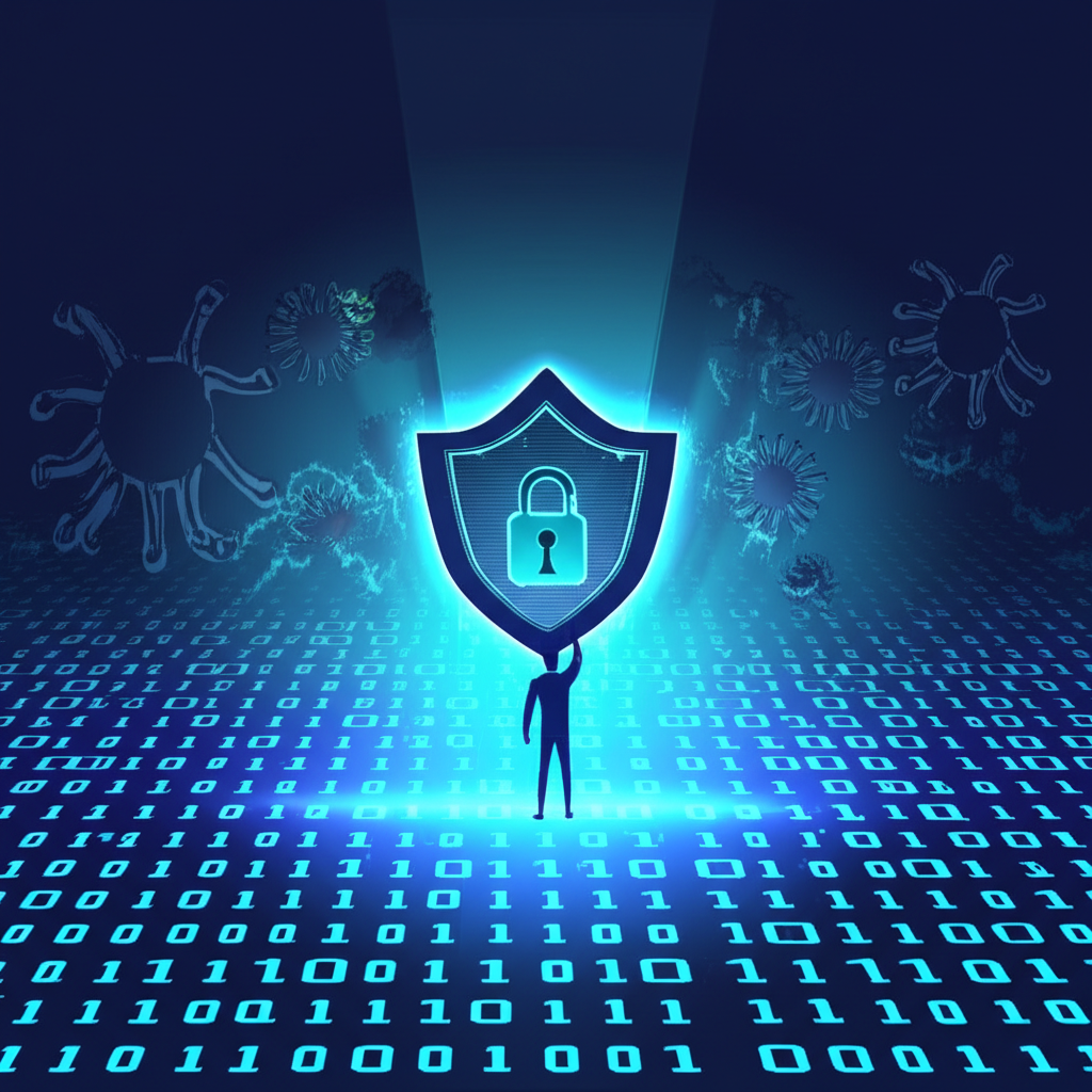 A person navigating a digital world with a shield protecting their data from lurking cyber threats illustration