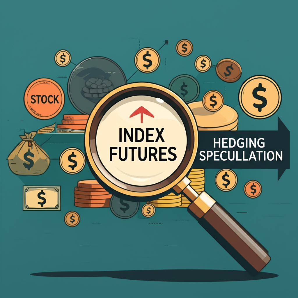 Illustration of diverse financial instruments and a magnifying glass focusing on index futures hedging speculation