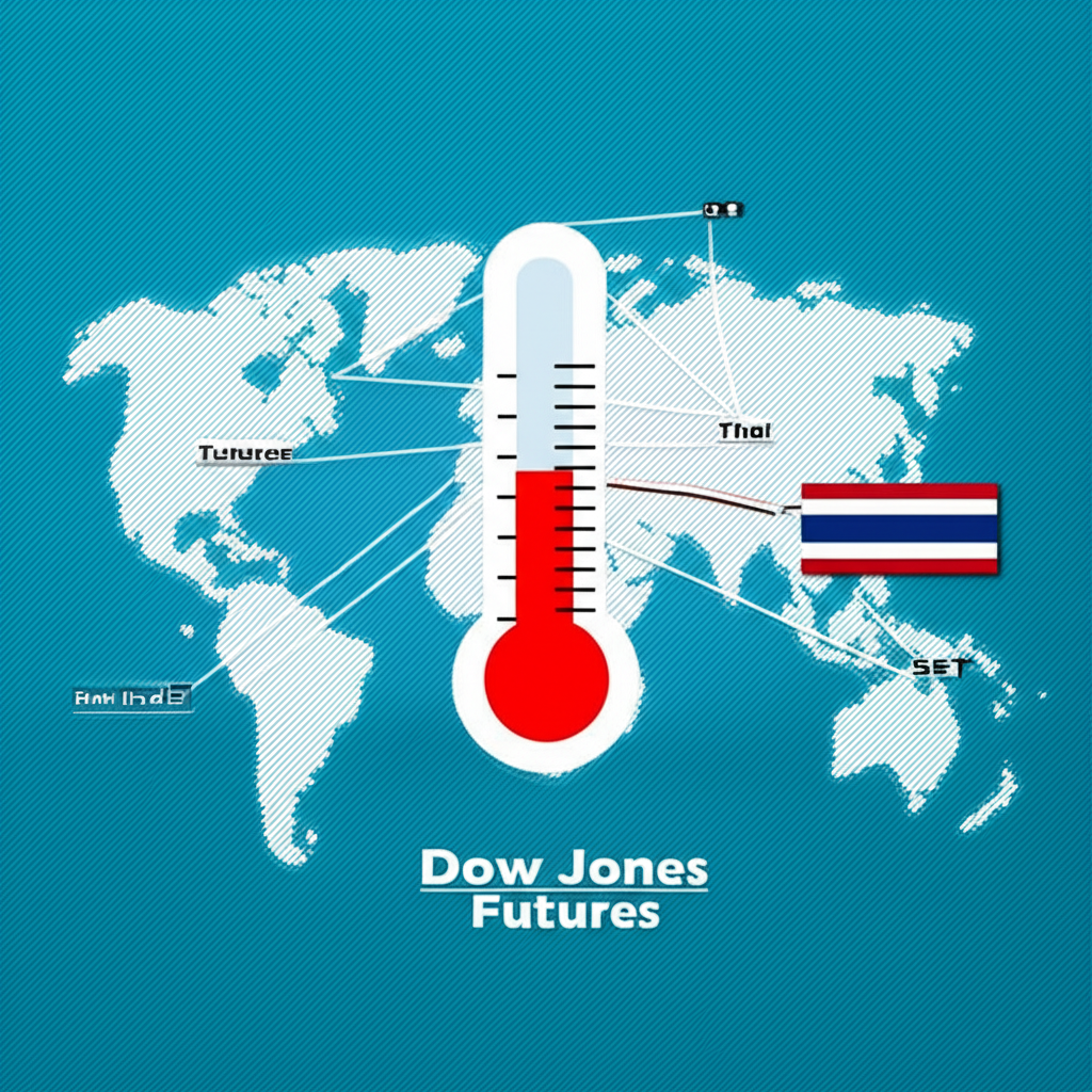 Illustration of global stock markets connected by lines with Dow Jones Futures as a central thermometer influencing the Thai SET index