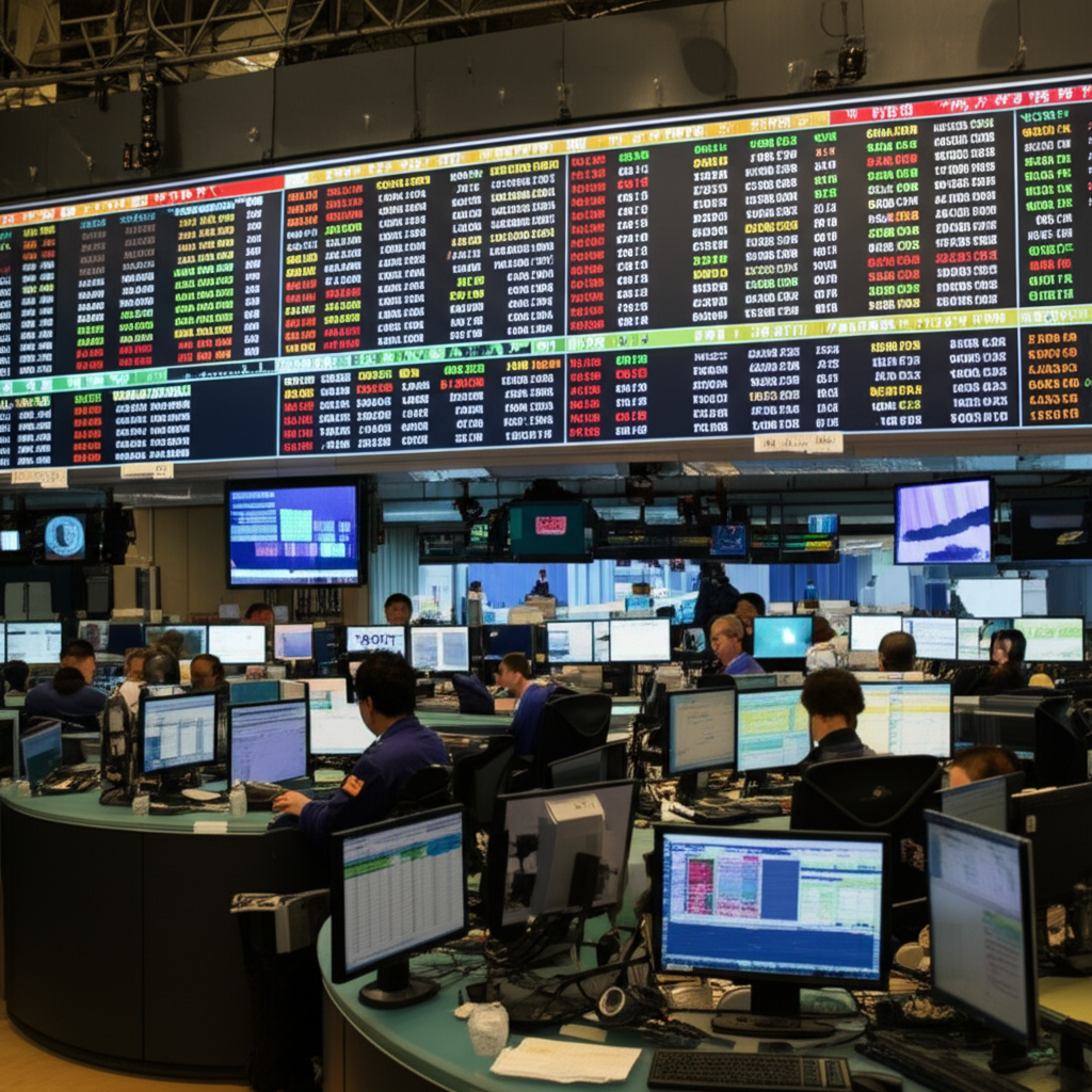 ภาพประกอบตลาดหุ้นจีนคึกคักพร้อมหน้าจอดิจิทัลแสดงข้อมูลดัชนี FTSE China A50