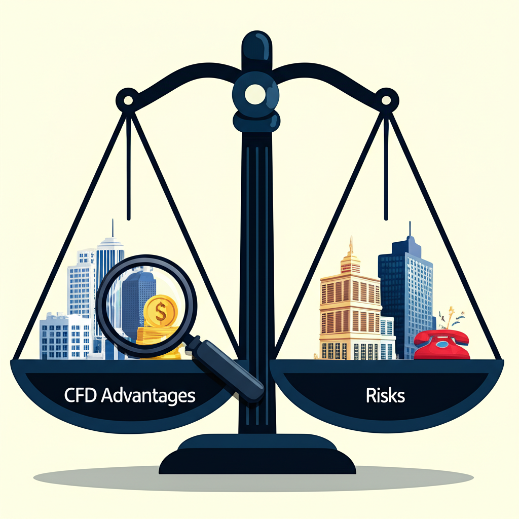 An illustration showing a balanced scale with CFD advantages like leverage and diverse markets on one side and risks like margin call on the other