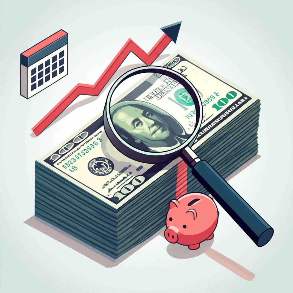 illustration showing a magnifying glass analyzing dollar currency trends and future financial planning