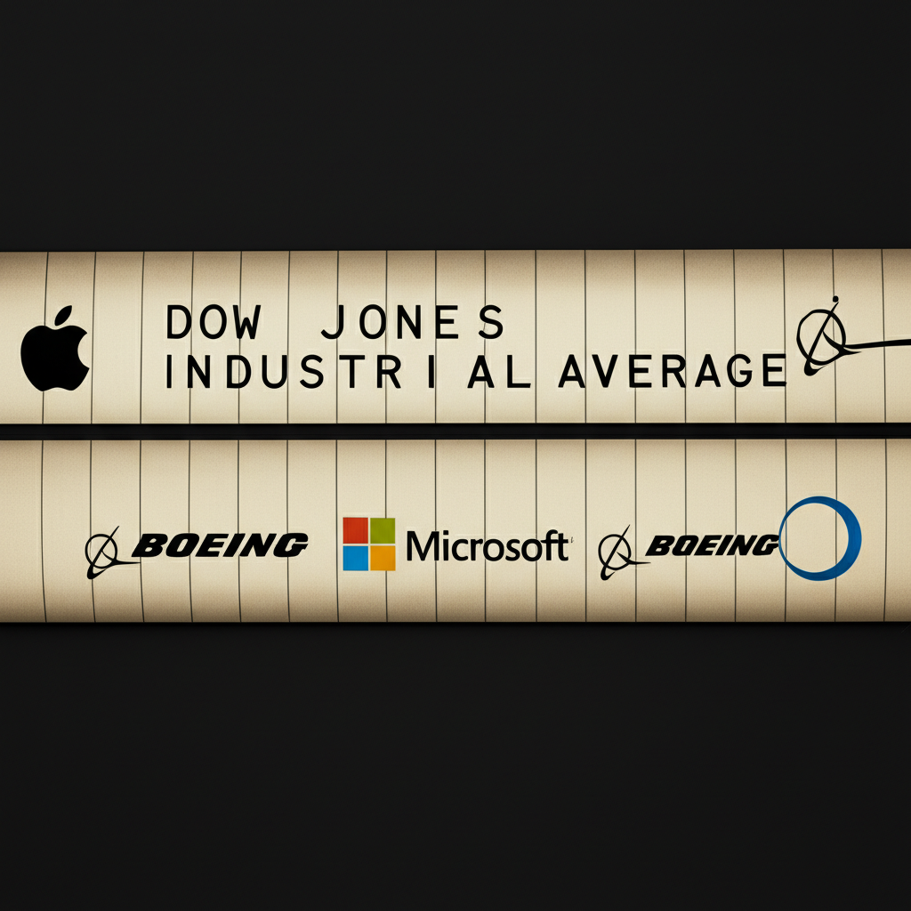 Illustration of a historic stock ticker tape showing Dow Jones Industrial Average with logos of 30 leading companies like Apple Microsoft Boeing