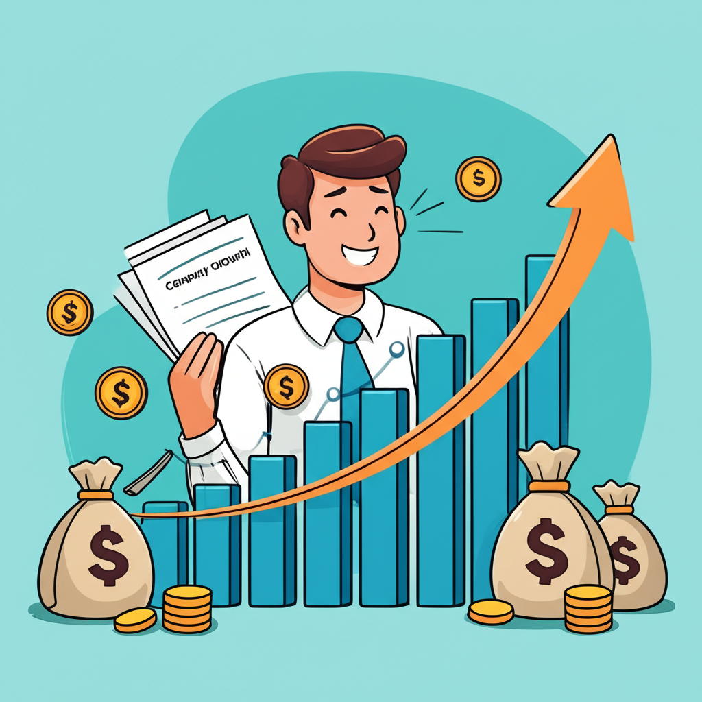 An illustration of a happy investor looking at a growing company chart with money bags shareholder funds profit
