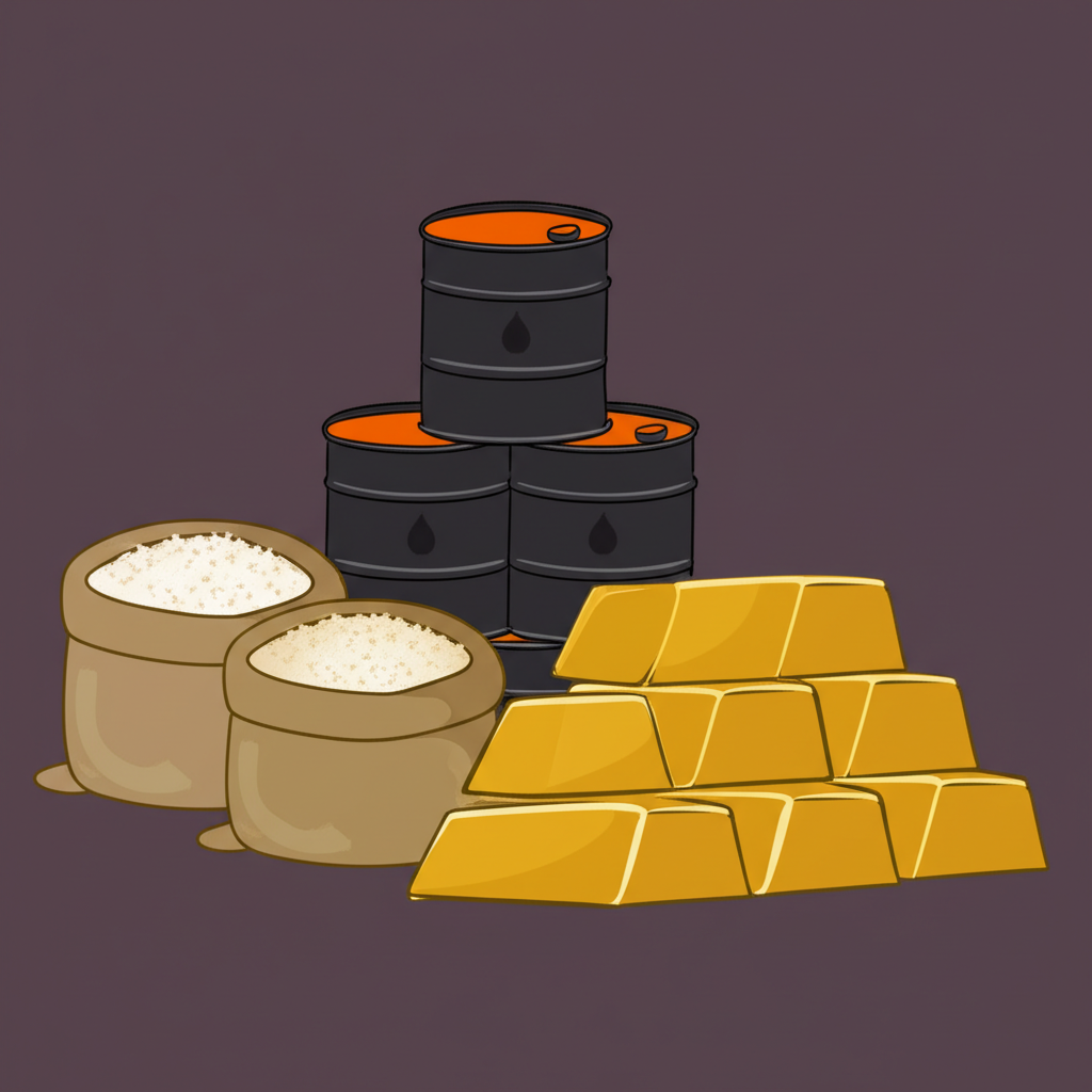illustration of basic standardized interchangeable goods such as oil barrels gold bars and sacks of rice