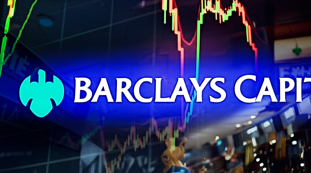 ภาพประกอบของตลาดการเงินไทยที่คึกคักพร้อมโลโก้ Barclays Capital และป้ายที่กำลังจางหาย