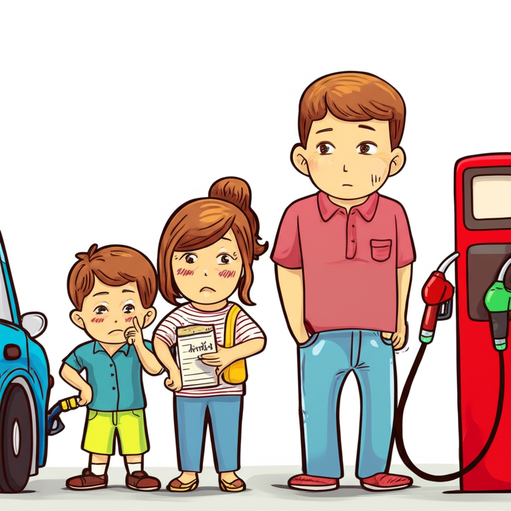 Thai family looking at fuel pump energy cost impacting daily budget and transport