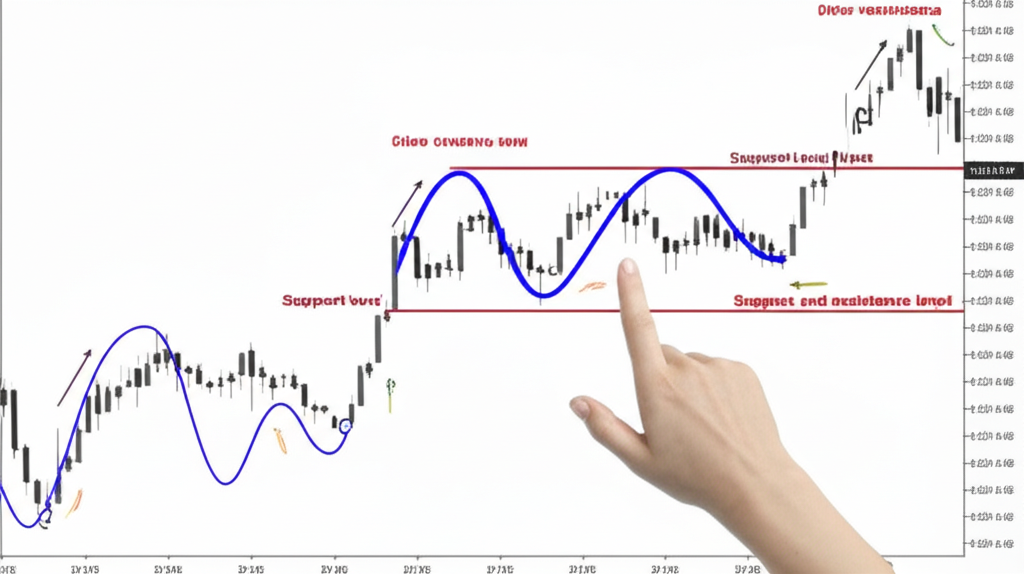 กราฟราคาเคลื่อนไหวเป็นคลื่น พร้อมมือชี้ไปที่ระดับแนวรับและแนวต้าน