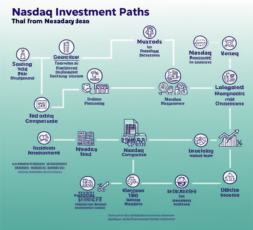 A detailed map illustrating Nasdaq investment paths for Thai investors with icons for indices and risk management illustration