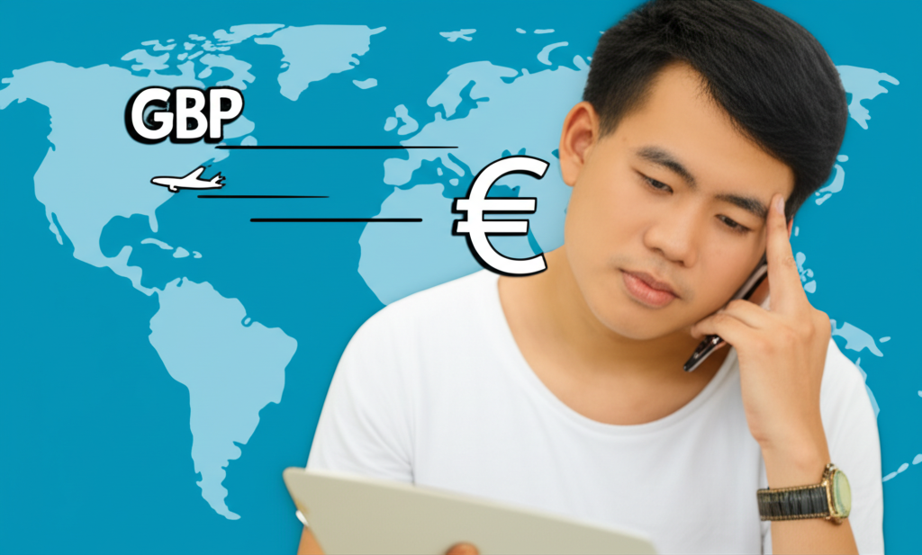 Thai person learning about GBP and EUR symbols with global map background travel trade investment illustration