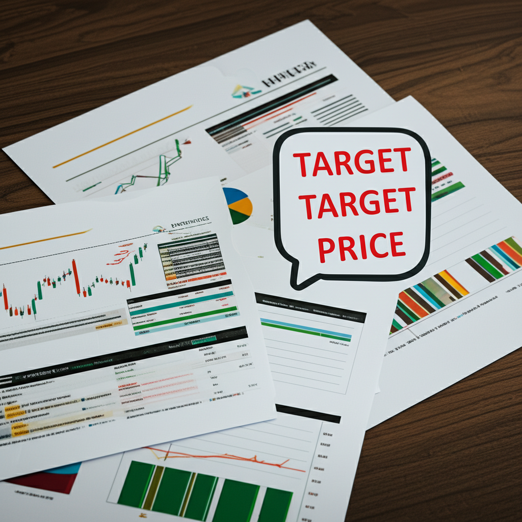 An analyst desk with financial reports graphs and a calculated target price illustration style