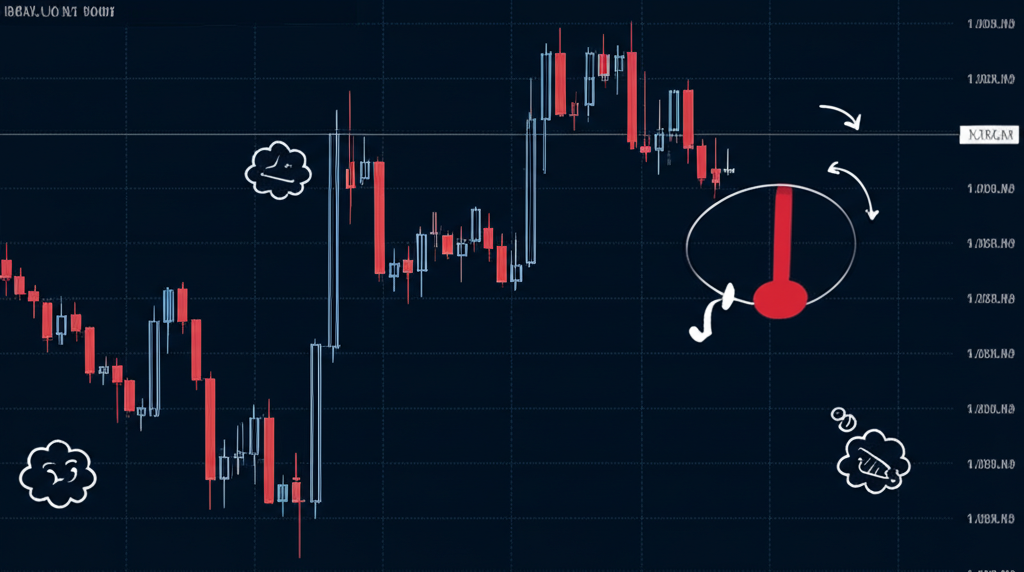 Illustration of a hammer candlestick on a financial chart with bullish reversal signals surrounded by market volatility and investor psychology