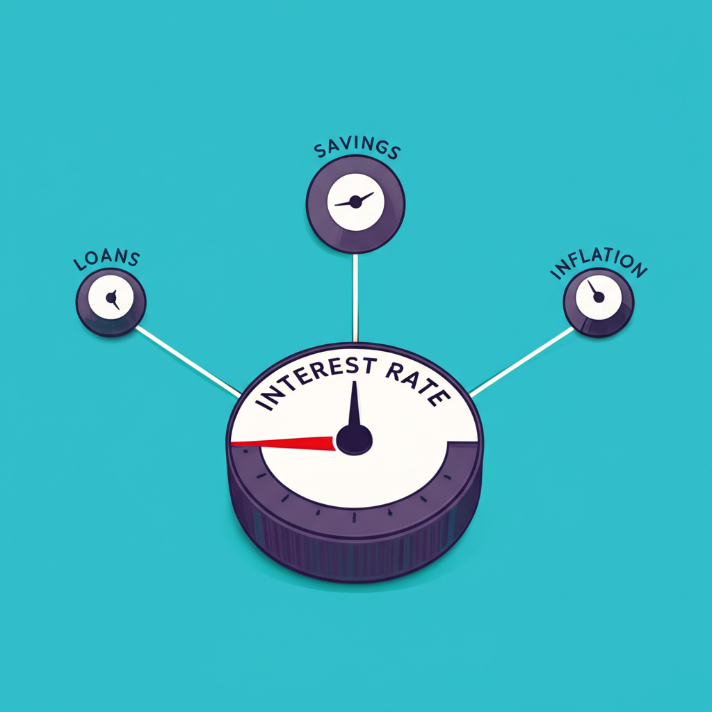 ภาพประกอบธนาคารกลางปรับลูกบิดอัตราดอกเบี้ยขนาดใหญ่ที่กระทบลูกบิดย่อยสำหรับเงินกู้ เงินฝาก และเงินเฟ้อ