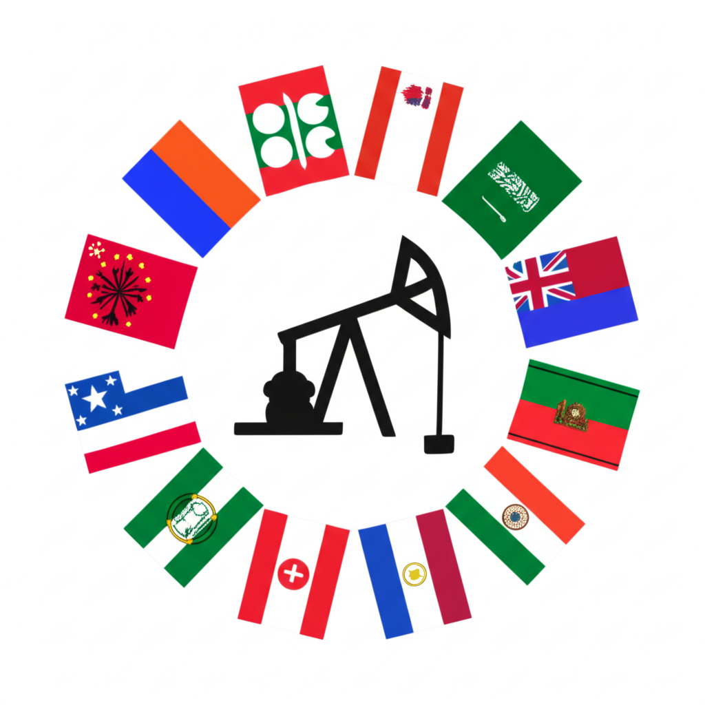 ภาพประกอบธงชาติต่าง ๆ ของประเทศ OPEC ที่รวมตัวเป็นวงล้อมรอบแท่นขุดเจาะน้ำมัน แสดงถึงความเป็นเอกภาพ