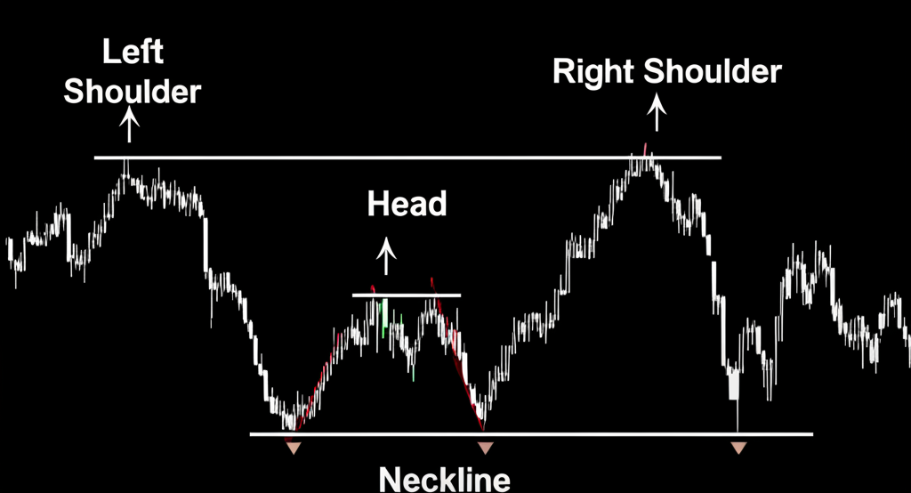 ภาพประกอบการก่อตัวของ Head and Shoulder Pattern พร้อม標記จุดสูงสุดและจุดต่ำสุด