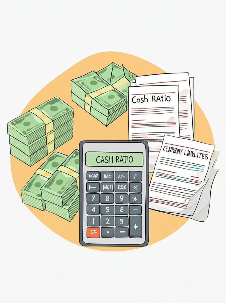 ภาพประกอบเครื่องคิดเลขแสดงสูตร Cash Ratio พร้อมกองเงินสดและเอกสารหนี้สินหมุนเวียน