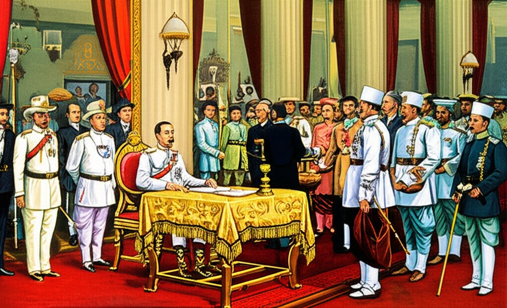 Illustration of King Rama V overseeing the establishment of Siam Commercial Bank a bustling scene with early Thai merchants and foreign traders