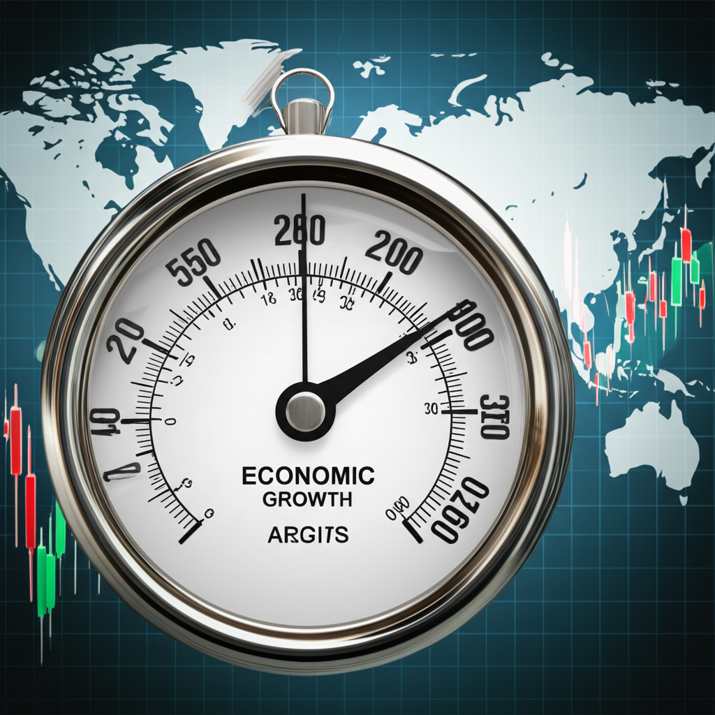 illustration of a barometer showing economic health with stock market charts and world map in background