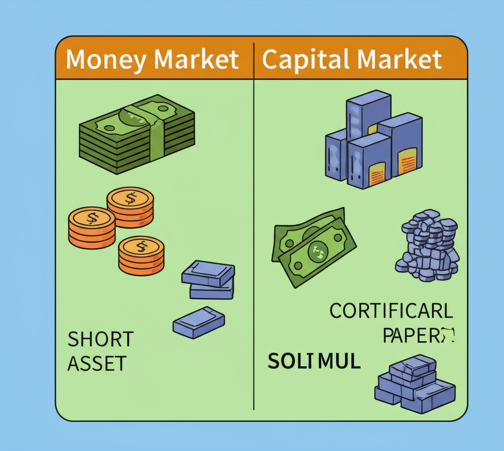 Illustration showing distinct sections for money market and capital market with short and long term assets