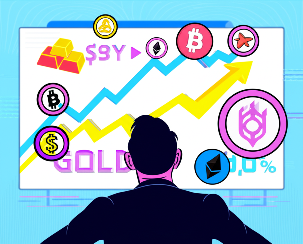 An illustration of a person looking at a financial chart with symbols of stocks gold and crypto coins around them