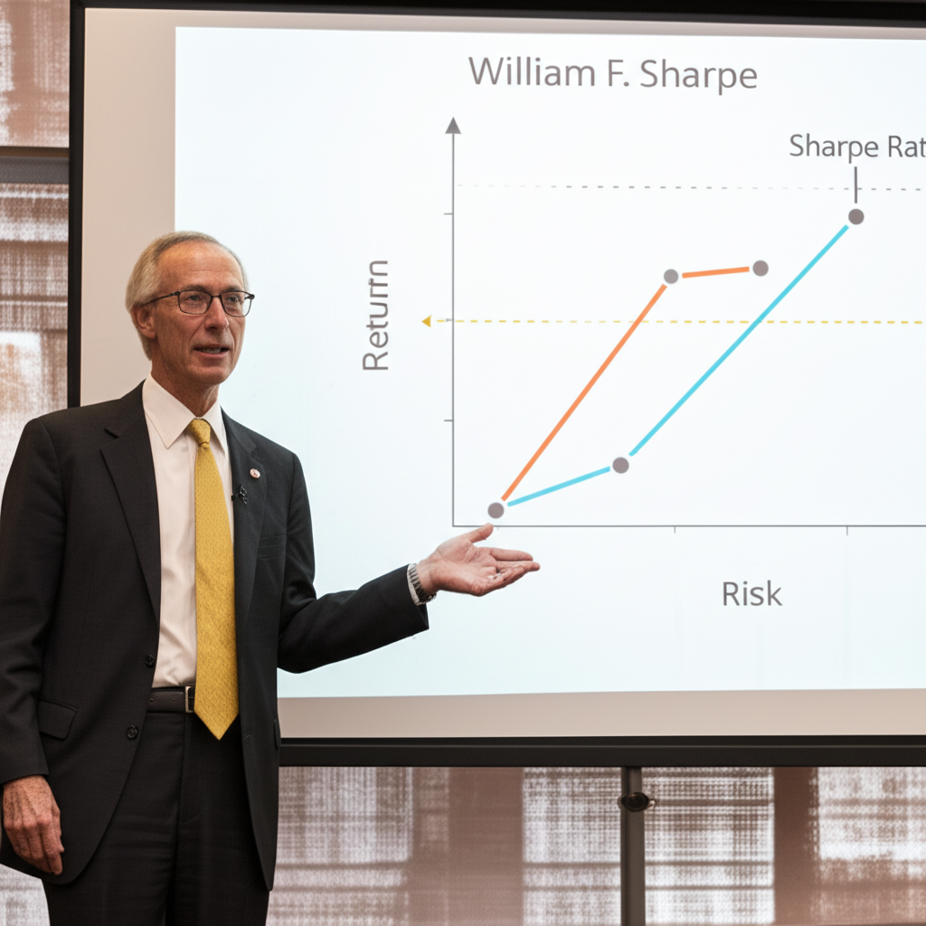 ภาพประกอบ William F. Sharpe นำเสนอกราฟแสดงผลตอบแทนที่ปรับความเสี่ยงด้วย Sharpe Ratio สูง