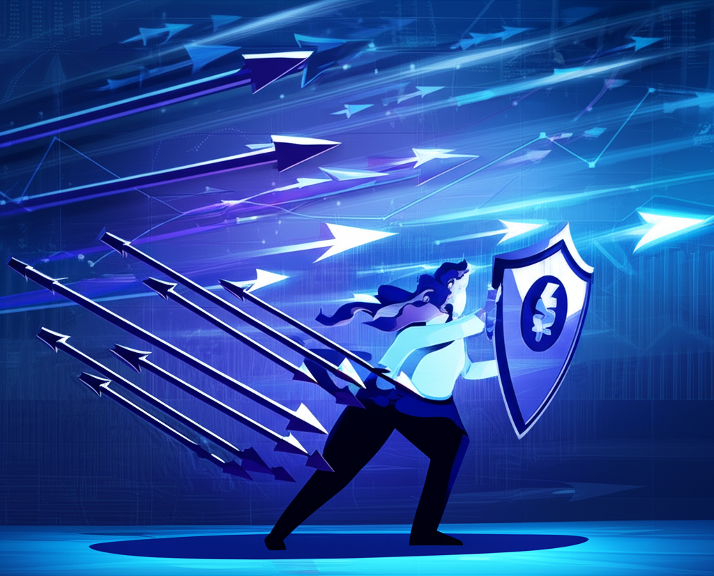 An illustration of a trader using a large shield to block volatile market arrows in a dynamic Forex environment