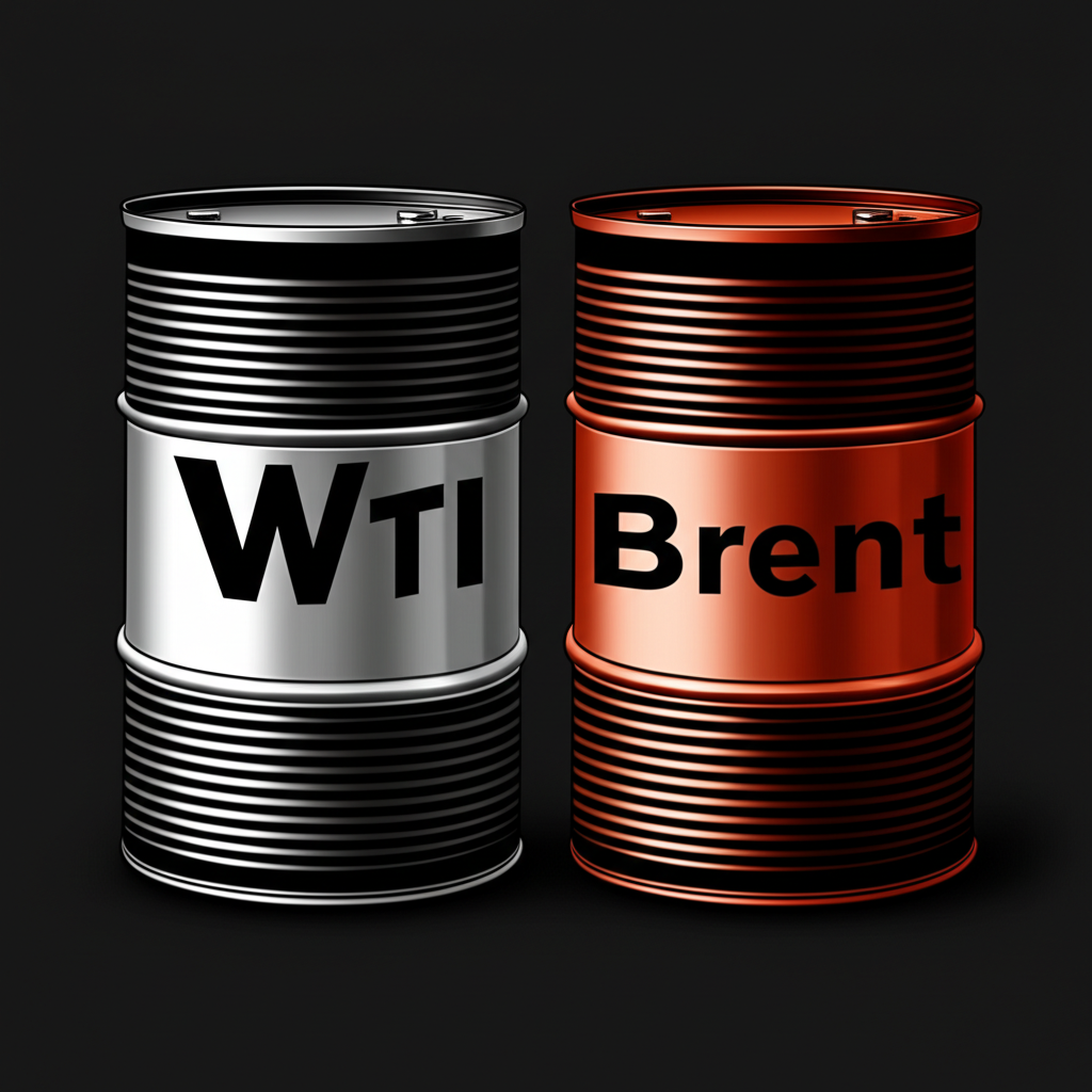 Illustration of two distinct oil barrels WTI and Brent representing global crude oil types
