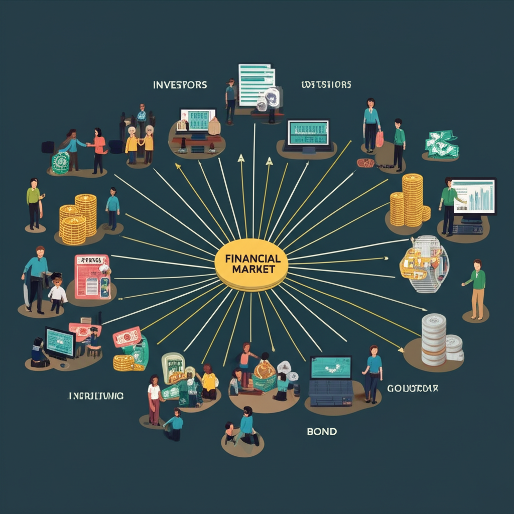 Illustration of a financial market as a central hub connecting investors with companies financial assets