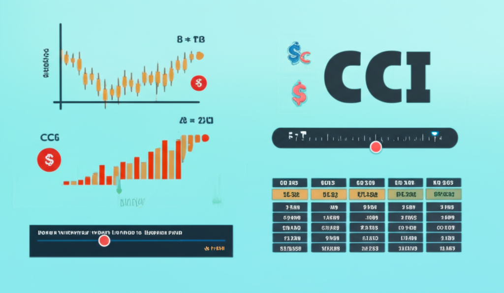 Illustration of a complex mathematical formula for CCI calculation with financial data elements and a time period selector