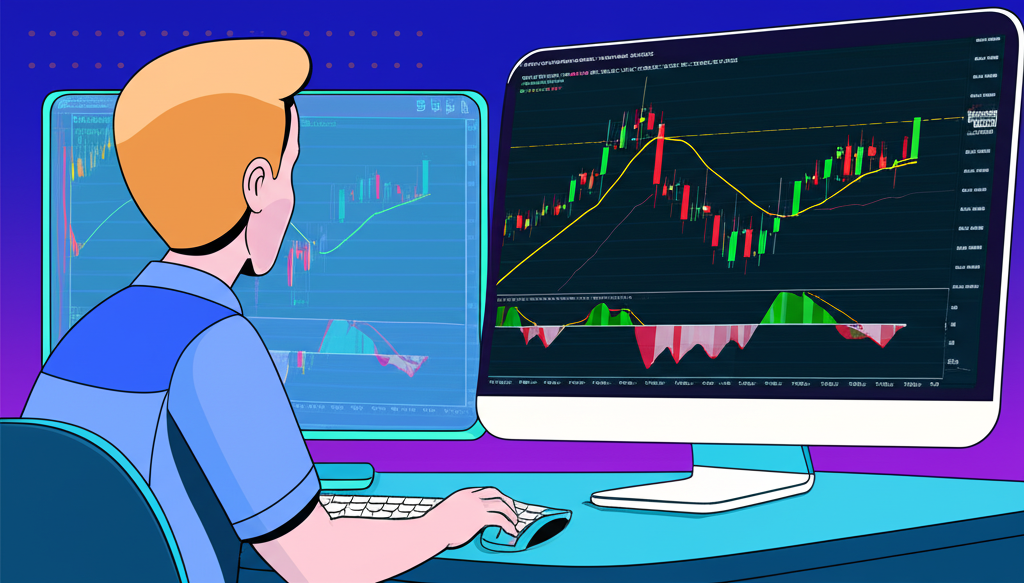 RSI Forex indicator overview a trader looking at a screen with RSI lines and price charts illustration