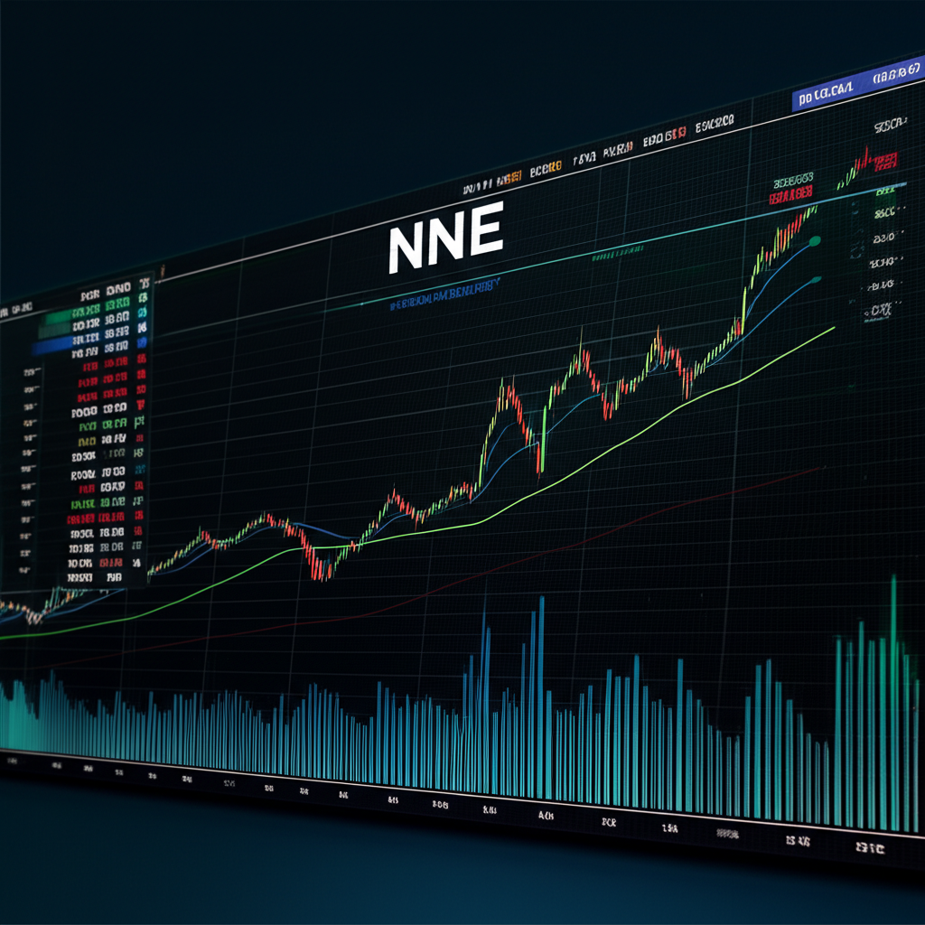 ภาพประกอบกราฟหุ้น NNE ที่แสดงการเติบโตในตลาด NASDAQ พร้อมข้อมูลทางการเงินและกราฟซ้อนทับ