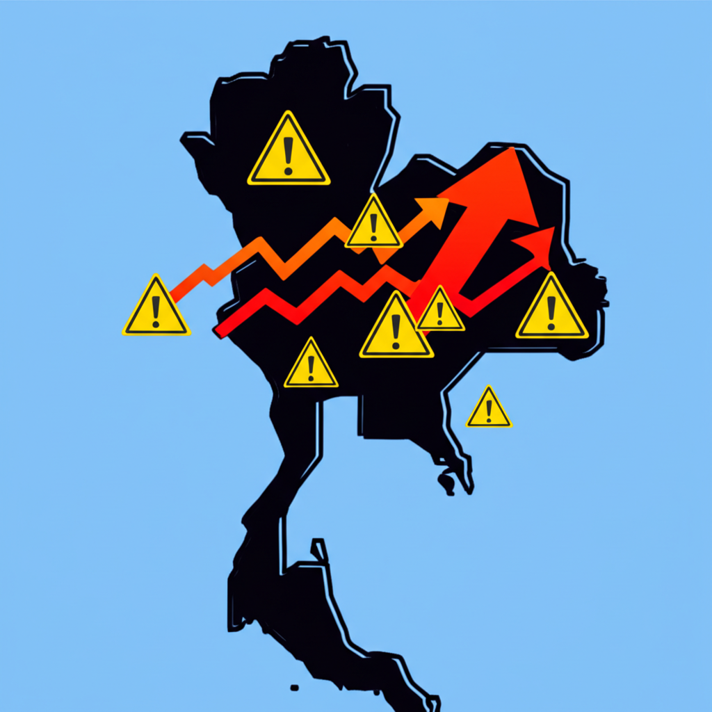 A map of Thailand with rising graphs and warning signs symbolizing increasing cybercrime illustration