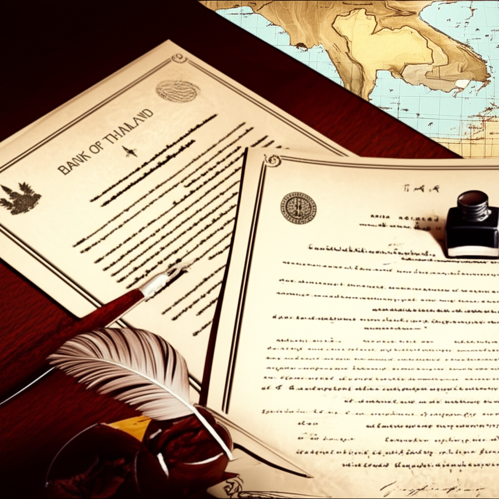 Illustration of the Bank of Thailand being founded during World War II with official documents and a map of Thailand in the background