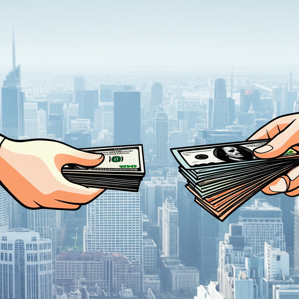 Illustration of hands exchanging money for new stock certificates with a city skyline in background representing economic growth